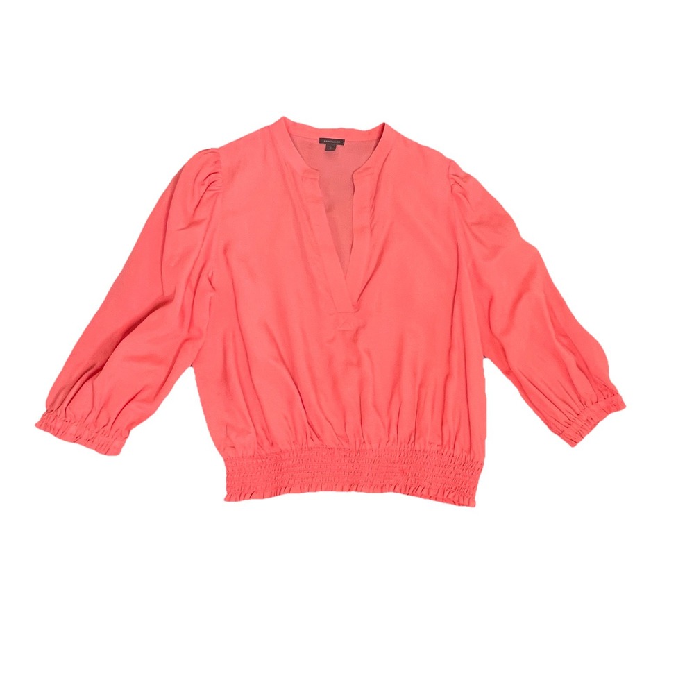 Ann Taylor Top Sz Small Vneck 3/4 Sleeve Blouse Smocked Hem Office Lyocell Linen